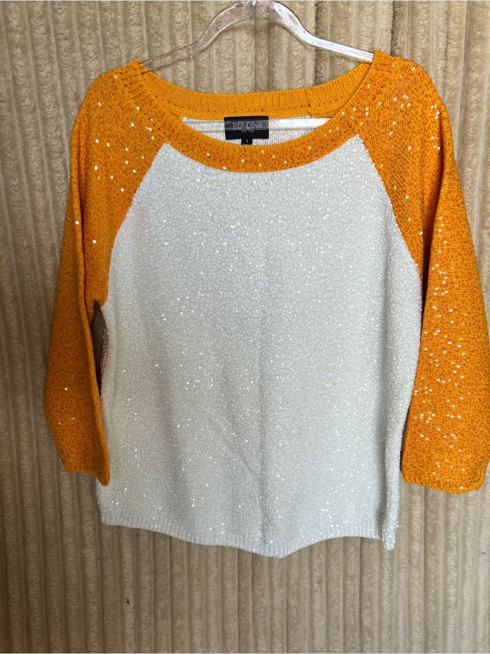 Cream & Mustard Sequin Raglan Sweater with 3/4 inch Sleeves.